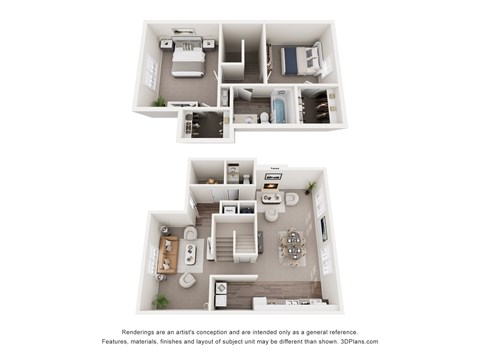 A 3D floor plan of a house with two bedrooms, a living room, a kitchen, and a bathroom.